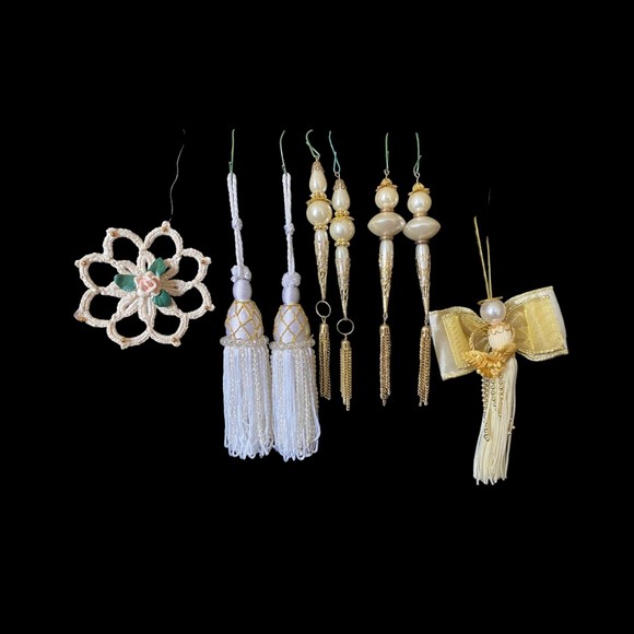 Set of 8 Gold White Pearls, Tassels, Crochet, Angel, Vintage Christmas Ornaments - Picture 1 of 9